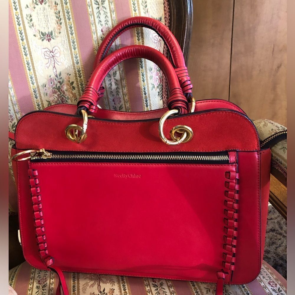 SeebyChloe Tilda Red Leather Handbag w/Sueded Bottom, Missing Crossbody Strap